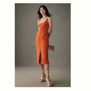 ✨NWT✨Anthropologie Maeve orange polka dot sweetheart button front midi dress 10